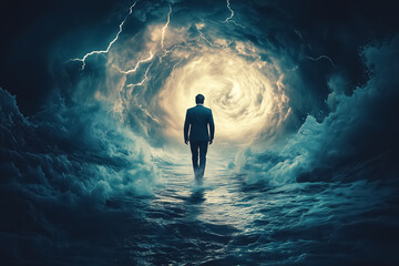 A businessman strides confidently across a tumultuous sea, surrounded by swirling waves and fierce lightning. This striking portrayal emphasizes the need for resilience in challenging times