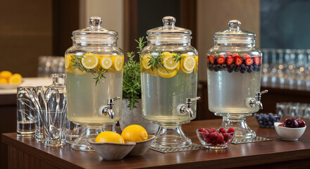 Elegant Glass Dispensers with Colorful Fruit Infusions on Rustic Wooden Table