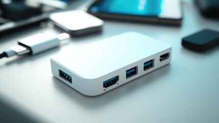 Sleek USB hub with multiple ports connected to various devices, showcasing modern design and functionality in a tech-focused setup.