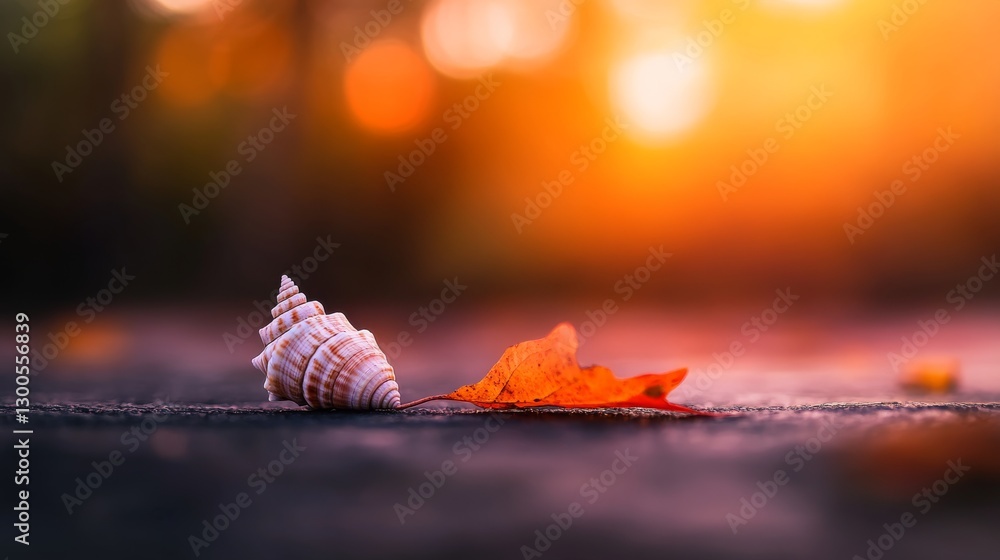 Aufkleber a delicate seashell lies next to a vibrant autumn leaf, arranged in a close-up display that captures