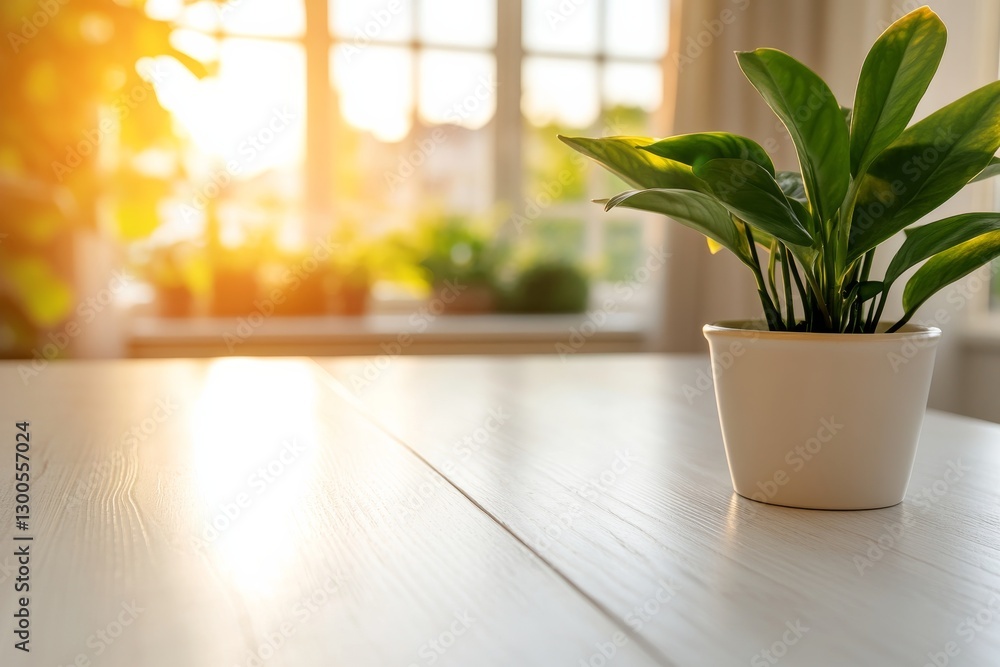 Poster Close-up of a simple white table featuring a green plant, bathed in soft light, creating a peaceful backdrop suitable for product displays or text