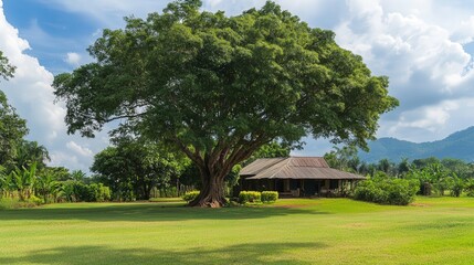 peaceful countryside home with a giant rain tree standing in the yard.
