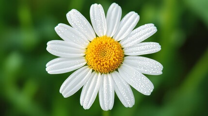 Obraz premium Close-up daisy flower with white petals, yellow center, and dew drops. Green background with natural floral texture and soft edges
