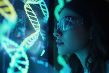 Young Female Scientist Analyzing DNA Structure with Modern Technology, Illuminating Genetic Research in a High-Tech Laboratory Environment