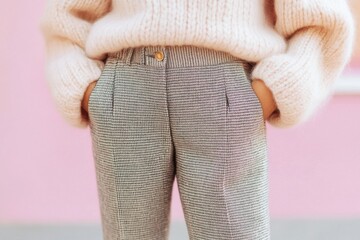 Fashionable outfit showcasing stylish checkered trousers and cozy sweater against a vibrant pink background in a modern setting