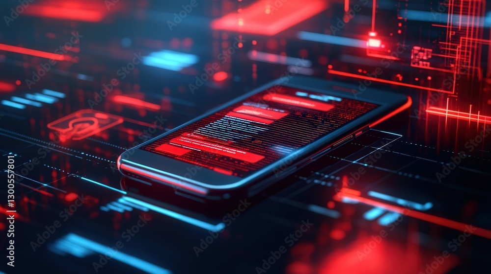 Poster phone interface displaying phishing text messages, red warning signs about hacking, and malware viru