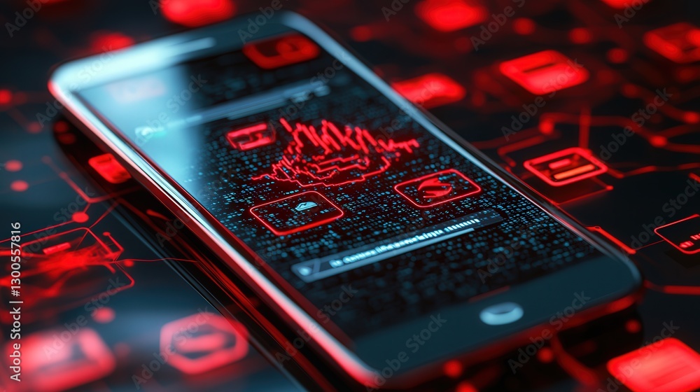Poster phone interface displaying phishing text messages, red warning signs about hacking, and malware viru