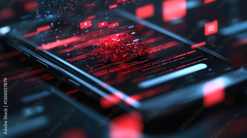 Poster phone interface showing phishing sms alerts, red system warnings, and malware spreading across the p