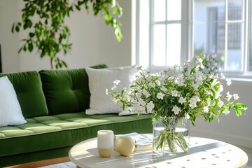 a lightfilled living room featuring a green sofa and a coffee table adorned with blooming jasmine flowers radiating warmth and comfort in a stylish setting