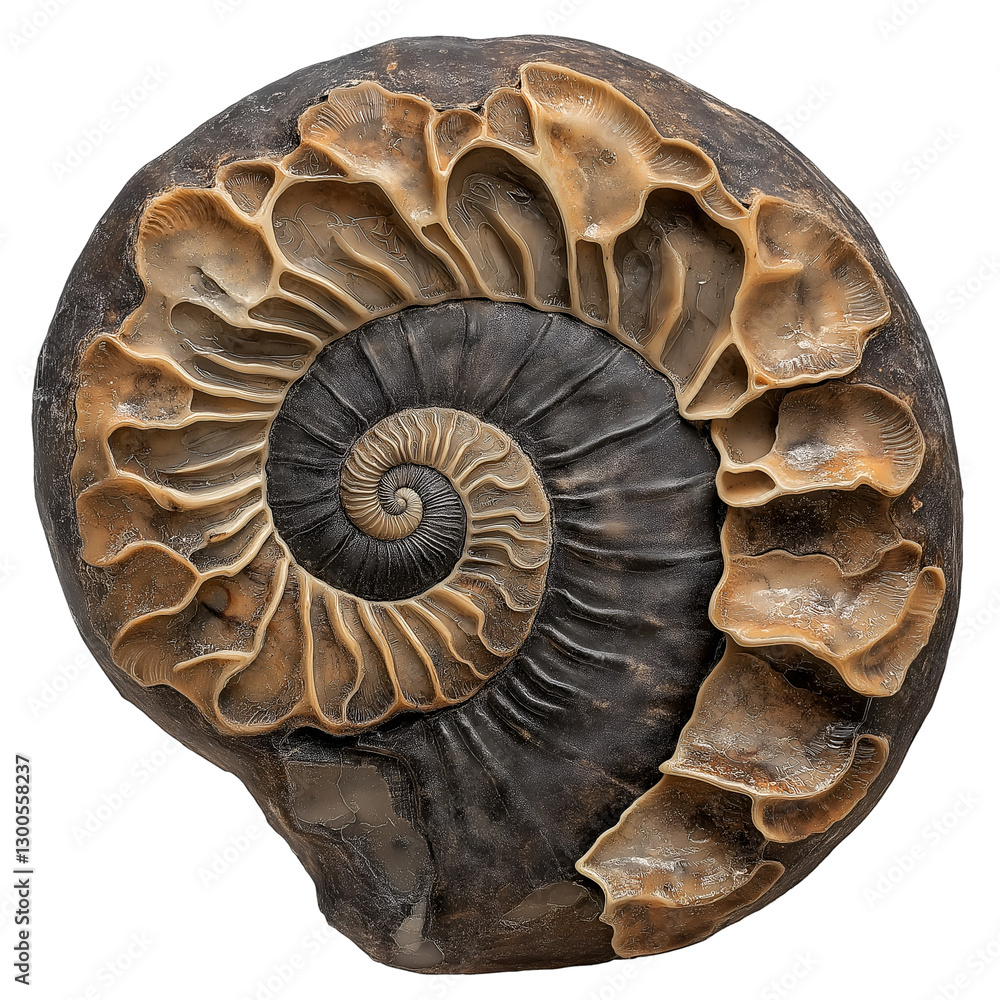 Aufkleber close-up fossil shell showing spiral pattern and detailed chamber structure. isolated on transparent