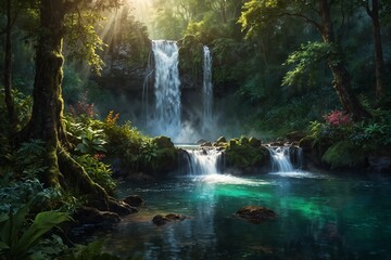 Enchanted waterfall in a lush forest with glowing turquoise water.