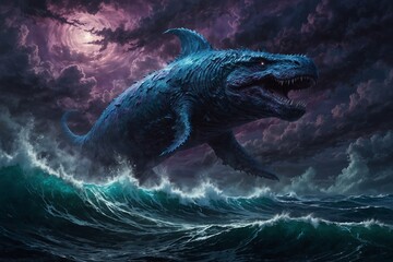 Obraz premium Massive leviathan emerging from stormy seas under a dark sky.