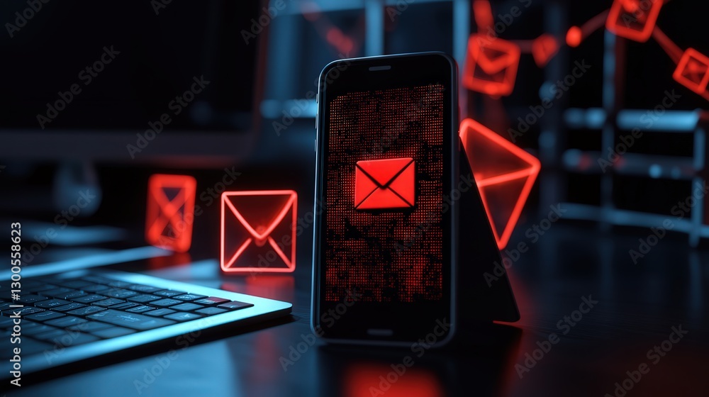 Poster phone screen showing a phishing text message, red warning signs, and the spreading of malware after 