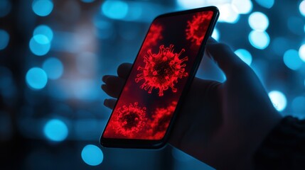 phone screen showing red alerts about SMS phishing, system hacking, and a virus spreading due to malware infection