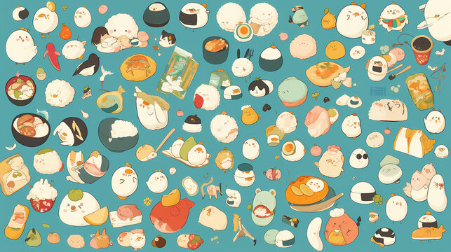 A vibrant and playful illustration featuring various cute food characters, including sushi and dumplings, set against a teal background, ideal for children's products or culinary themes
