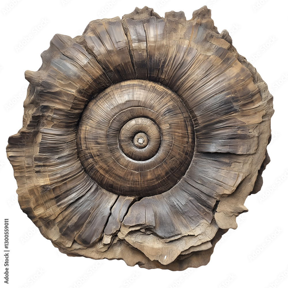 Poster fossilized ammonite specimen displaying intricate spiral pattern and geological history. isolated on