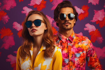 Young woman and man wearing sunglasses. Vibrant couple portrait in pop art retro style