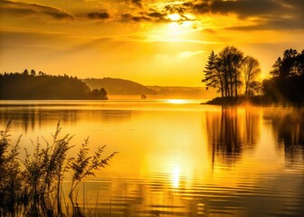 Fototapeta premium Golden sunrise silhouettes a tranquil lake, peaceful reflections mirrored in gold foil.