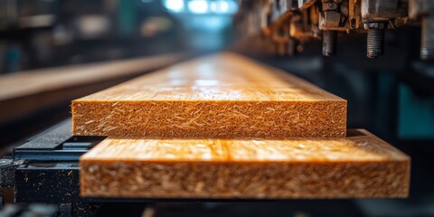 Industrial wood processing machine creating lumber planks in factory