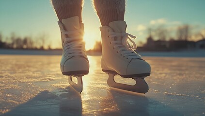 Ice Skates on Frozen Lake at Sunset