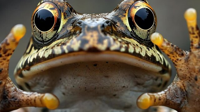Close-up view of a striking frog showcasing intricate patterns and large eyes in natural habitat