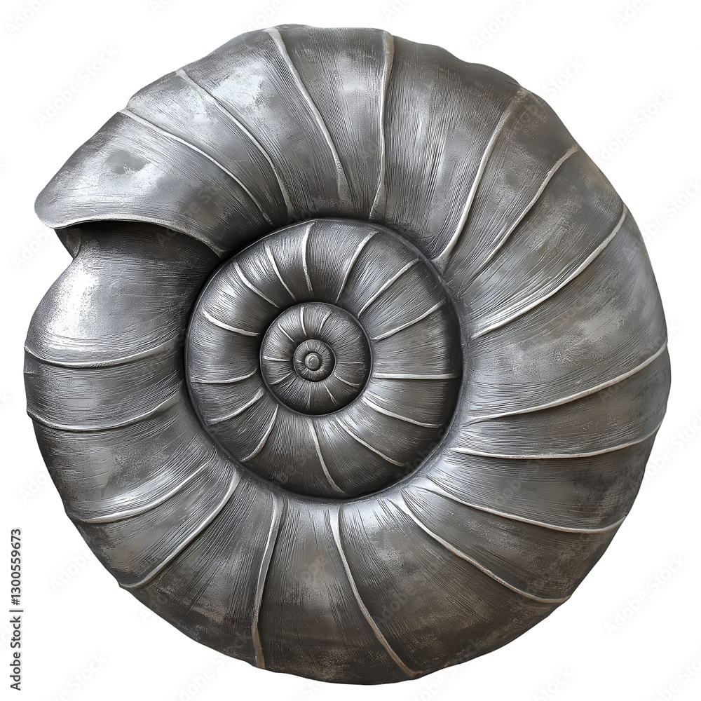 Poster isolated silver ammonite fossil shell showing spiral pattern isolated on transparent or white backgr