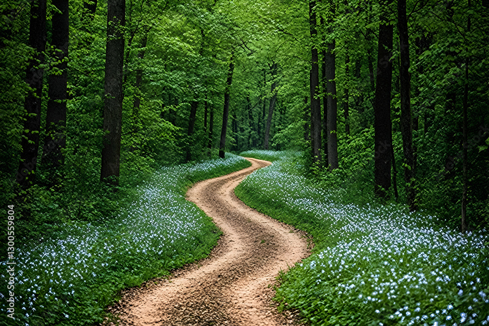 Poster scenic winding path through springtime forest