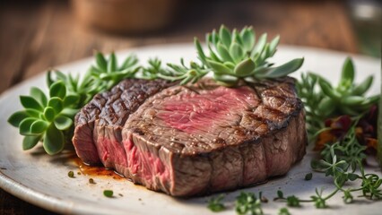 A succulent, medium-rare steak is presented on a white plate, garnished with fresh green succulents and herbs, showcasing a gourmet meal with a rustic, natural aesthetic