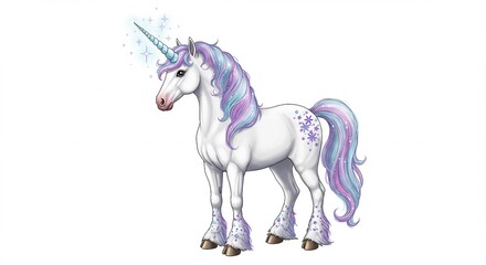 Magical Unicorn Fantasy Horse Purple Mane White Coat Sparkling Horn Illustration