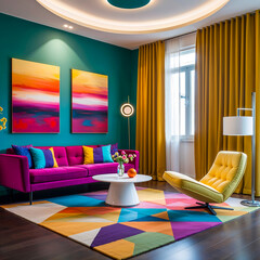 Modern Vibrant Living Room with Teal Accent Wall and Abstract Art
