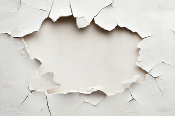 Cracked wall with a missing section reveals bare surface underneath in a weathered interior