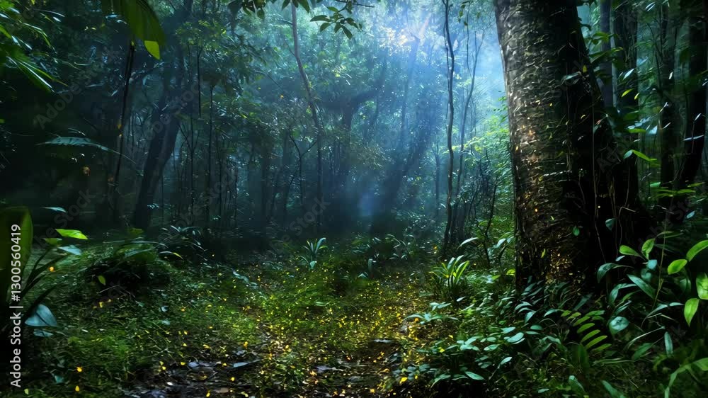 Poster ethereal forest pathway illuminated by sunlight filtering through trees in a tranquil tropical jungl