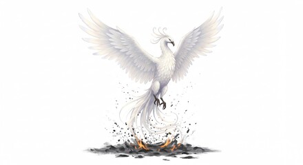 Majestic White Phoenix Rising from Ashes Mythical Bird Fantasy Art