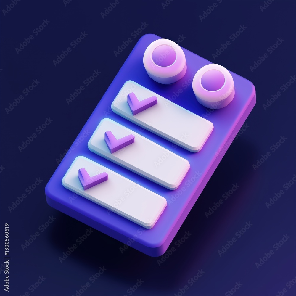 Poster 3d checklist with checkmarks and two circular objects on top over a purple background