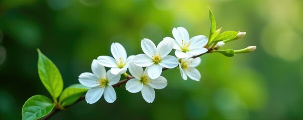 Obraz premium White flowers blooming on a branch with a few leaves and stems, garden, nature