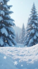 Snowy forest with trees covered in snow. The snow is falling and the sky is clear
