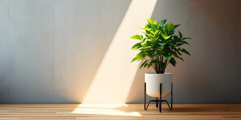 minimalist mockup of a white wall adorned with a vibrant green plant on a polished wood floor,split-color background wall creating a lively and cheerful atmosphere of modern interior design.