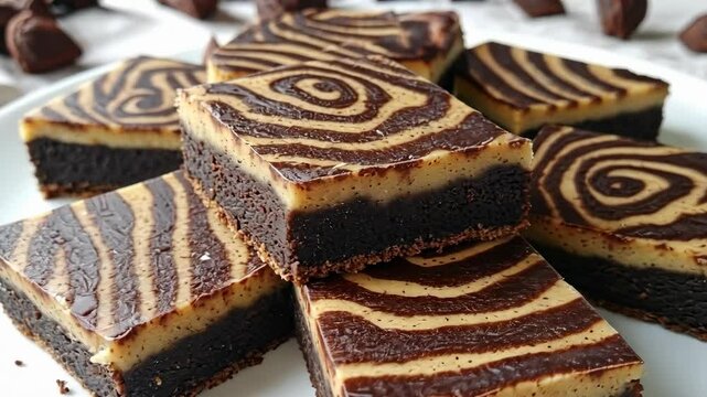 Delicious layers of chocolate and peanut butter brownies with a marbled design on a white plate