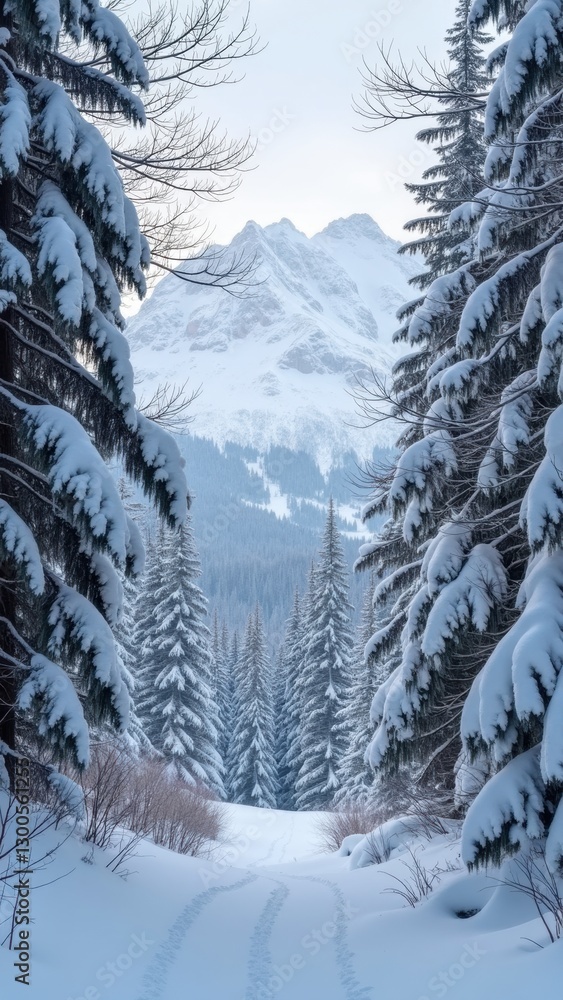 Poster snowy forest with a mountain in the background. the trees are bare and covered in snow. the sky is c