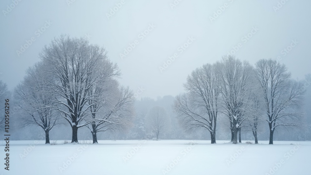 Poster snowy field with trees in the background. the trees are bare and covered in snow. the sky is cloudy 