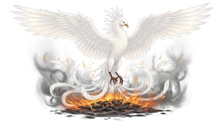 Majestic White Phoenix Rising from Ashes Mythical Bird Fantasy Art