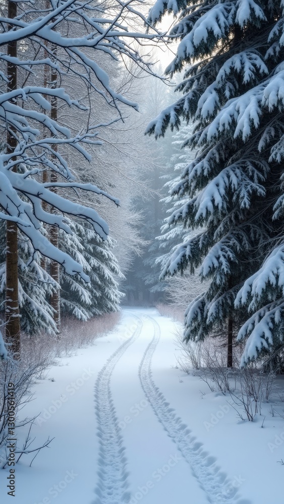 Aufkleber snowy forest path with a few trees in the background. the snow is deep and the path is covered in tr