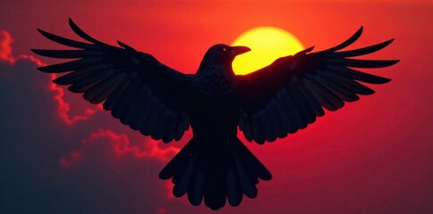 Fototapeta premium Dark silhouette of a crow in mid-air with wings spread, front-facing profile , wildlife, birds