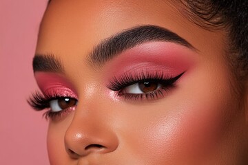 Naklejka premium Delicate makeup enhances the woman's eyes, featuring vibrant eyeshadow, bold eyeliner, and long lashes under soft lighting, with space available for text design
