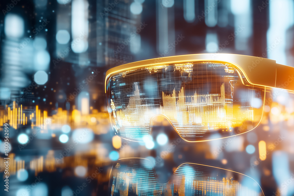Aufkleber amidst a dynamic cityscape, an advanced augmented reality headset showcases an interactive 3d financ