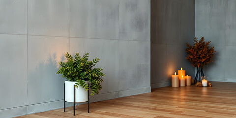 minimalist mockup of a white wall adorned with a vibrant green plant on a polished wood floor,split-color background wall creating a lively and cheerful atmosphere of modern interior design.