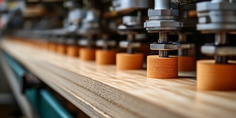 Industrial machine processing wood in factory, automated production line