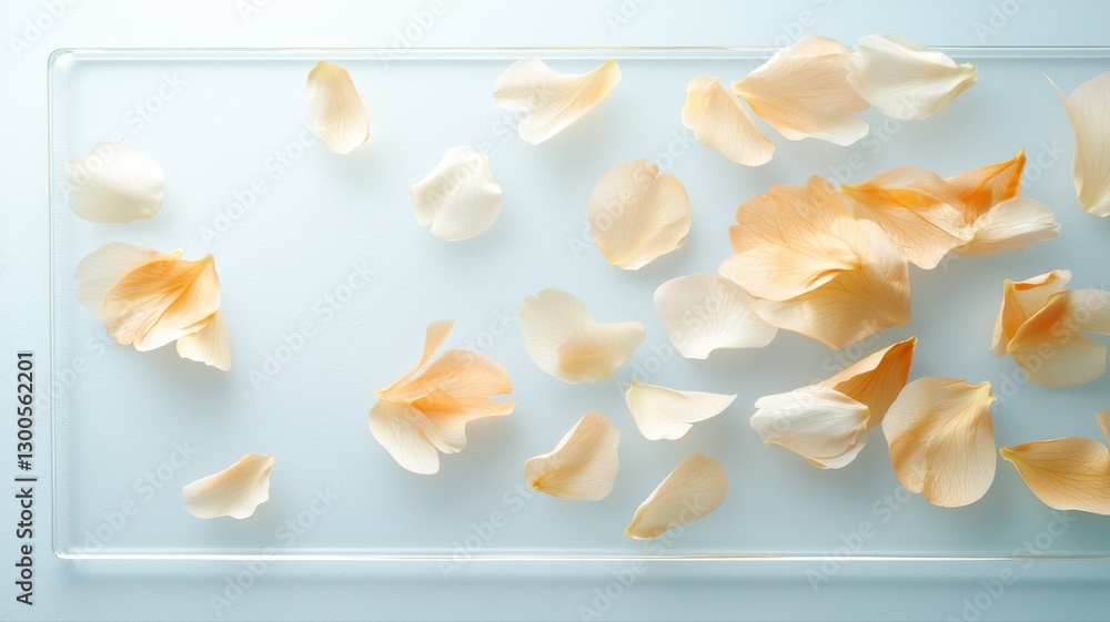 Poster delicate peach rose petals scattered on a clear surface with soft lighting, creating a serene and el