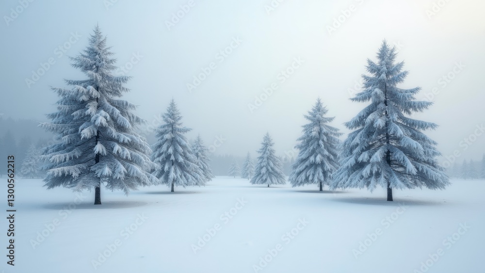Poster snowy field with a row of pine trees. the trees are bare and covered in snow. the scene is peaceful 