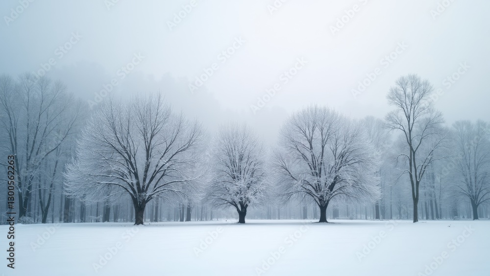 Poster snowy field with three trees in the foreground and a few more in the background. the trees are bare 